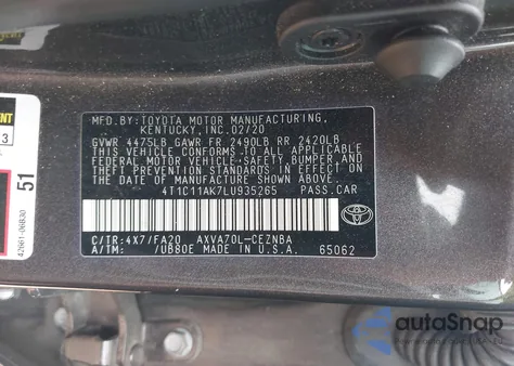 2020 Toyota Camry Le from USA, damaged, VIN 4T1C11AK7LU935265